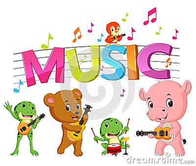 Word music with animal playing music Vector Illustration