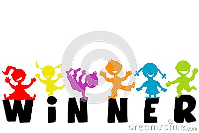 Illustration with word WINNER and happy children silhouettes Vector Illustration