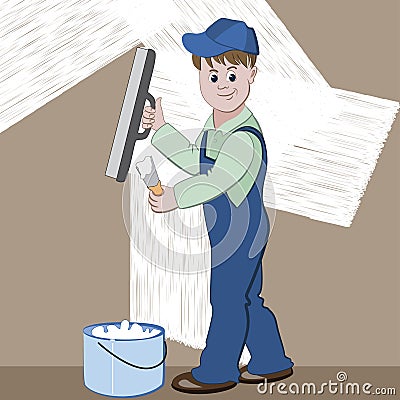 Illustration of worker or mason with spatula and plaster or cement doing renovation Vector Illustration