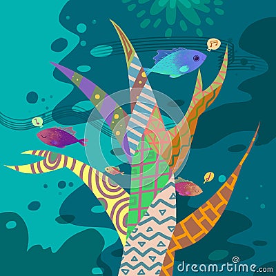 The Illustration of the World of Children's Imagination: Colorful Music Tree under the Sea. Stock Photo