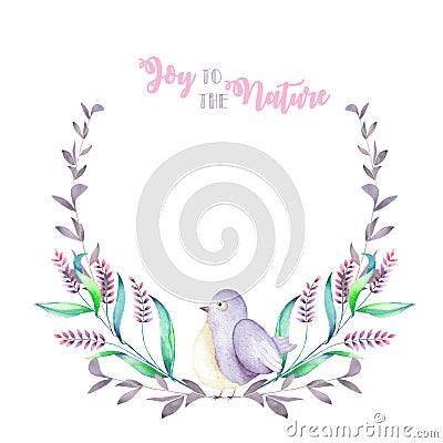 Illustration, wreath with watercolor cute bird, purple forest plants, hand drawn isolated Stock Photo