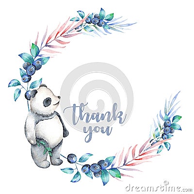 Illustration, wreath with watercolor panda, blueberry and plants Stock Photo