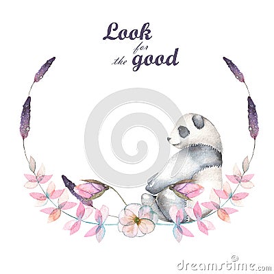 Illustration, wreath with watercolor panda, pink and purple plants Stock Photo