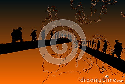 Illustration of wwi soldiers on European map Stock Photo