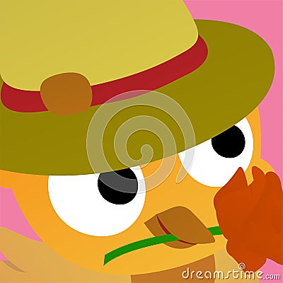 Illustration of Yellow Bird Wearing a Hat And Carrying Flowers in its Beak Cartoon, Cute Funny Character, Flat Design Stock Photo