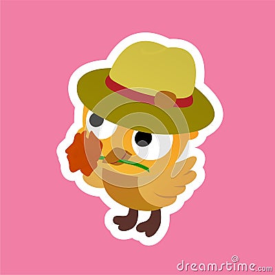 Illustration of Yellow Bird Wearing a Hat And Carrying Flowers in its Beak Cartoon, Cute Funny Character, Flat Design Stock Photo
