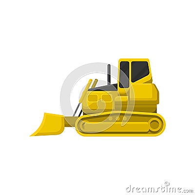 Flat vector icon of yellow bulldozer. Powerful tractor with broad upright blade at front. Heavy motor machine Vector Illustration