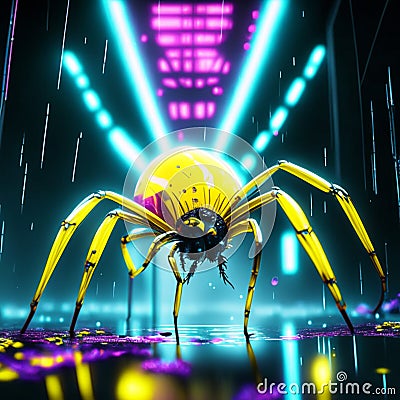 Illustration of a yellow spider on a dark background with neon lights AI generated Stock Photo