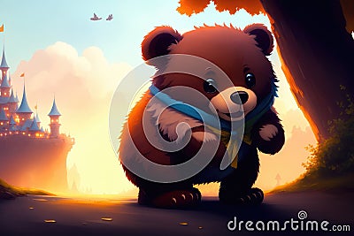 Illustration of an yong cute bear in a wild landscape. Colorful magic bear, cartoon style painting. Generative ai art illustration Cartoon Illustration