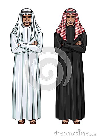 Illustration of young arabic businessmen wearing traditional clothes black and white colors. Stock Photo