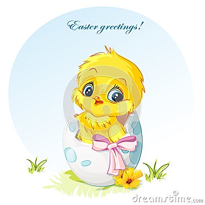 Illustration of a young chicken in egg pink bow Vector Illustration