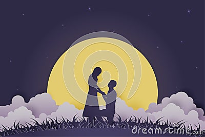 Illustration Young couple dating in Valentine day , Man kneeling to propose married to woman at night with full moon and cloud , Vector Illustration