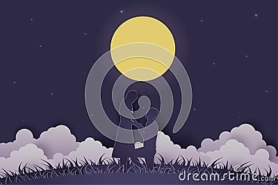 Illustration Young couple dating in Valentine day , Man kneeling to propose married to woman at night with full moon and cloud , Vector Illustration