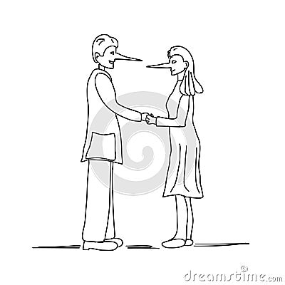 Illustration of young couple making a lie with long nose isolated Stock Photo