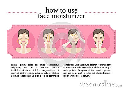 Illustration of young girl putting on her face moisturising cream. Vector Illustration