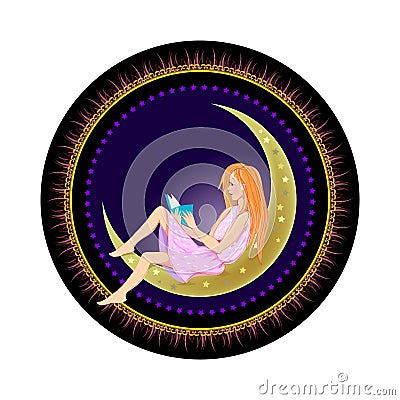Illustration of a young girl reading book at night. Fantasy round decoration with moon. Template for t-shirt, badge, sticker, Vector Illustration