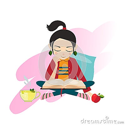 Illustration Young Girl Reading Book Vector Illustration