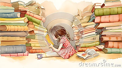 Illustration of a young girl reading a book surrounded by stacks of books Stock Photo