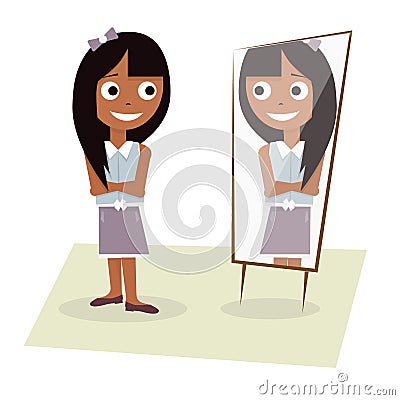 Illustration of a young girl stands before the mirror. Stock Photo