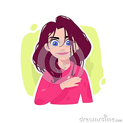 Illustration of a young girl. Vector. Cartoon beautiful girl with long hair. Character for advertising and design. A vivid image. Vector Illustration