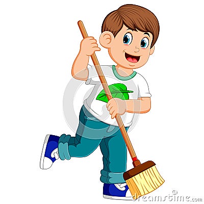 Young Man sweeping the dirt Vector Illustration