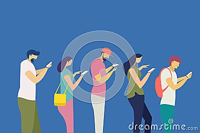 Young people standing in queue engaged with their mobile phones Vector Illustration