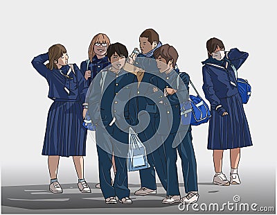 Illustration of young students waiting to go to school in color Stock Photo