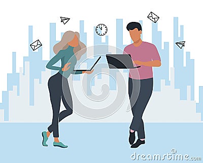 Illustration, young woman and man with laptops work as a team, looking for a solution. Business concept. Clip art, poster, vector Vector Illustration