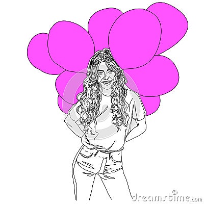 Illustration,young woman with pink baloons. Stock Photo