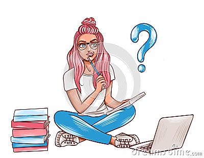 Illustration of young woman with pink hair and glasses studying with books and laptop Stock Photo
