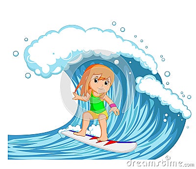 Young woman surfing with big wave Vector Illustration