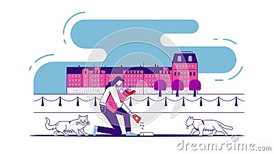 Illustration of a young woman who purchased groceries from a store and is now feeding stray cats on the city street. The Vector Illustration