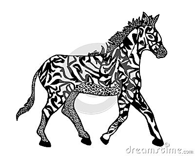 Illustration of zebra in style zenart isolate on white for coloring book Vector Illustration