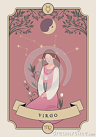 Illustration Zodiac sign. Vintage card poster image. Planet symbol and constellation Vector Illustration