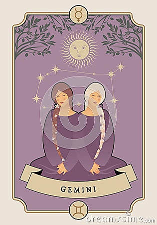 Illustration Zodiac sign. Vintage card poster image. Planet symbol and constellation Vector Illustration