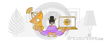 illustrationGirl with laptop and sat. dish for IoT, vect. char. style illus. Cartoon Illustration