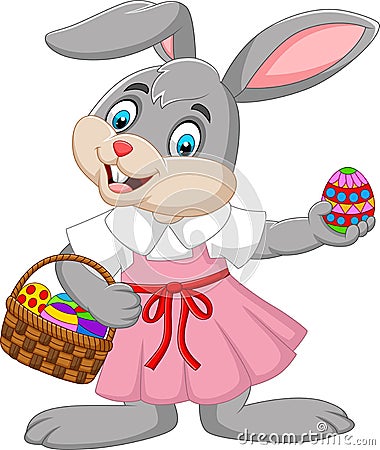 Cartoon Easter bunny girl with a basket of egg Vector Illustration