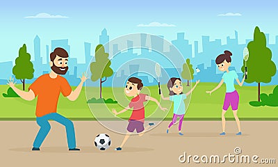 Illustrations of active parents playing sport games in urban park. Funny family couples in cartoon style Vector Illustration