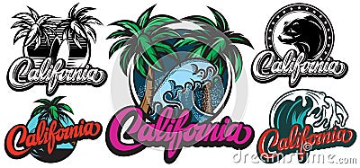 Illustrations with calligraphic lettering California and palm trees Vector Illustration