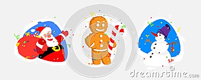 Illustrations of characters for the New Year. Vector. Santa Claus, Snowman, Gingerbread. Characters stickers for banner, site and Vector Illustration