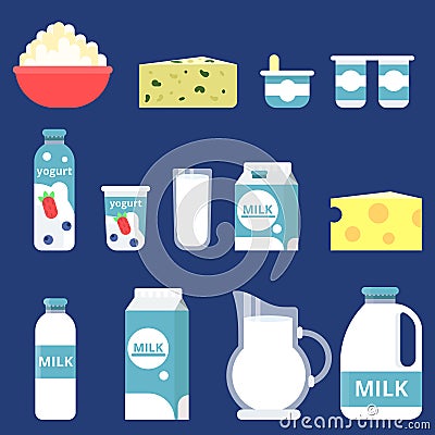 Illustrations of different milk products in flat style Vector Illustration