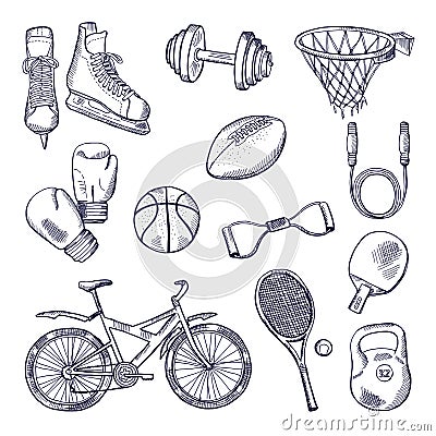 Illustrations of different sports fitness equipment. Vector doodle icons set Vector Illustration