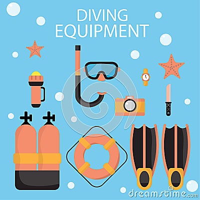 The illustrations are dive equipment icons. Vector Illustration