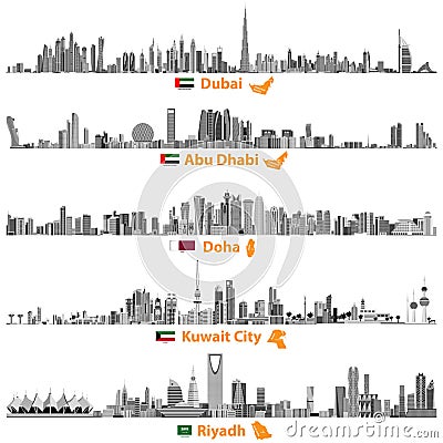 Illustrations of Dubai, Abu Dhabi, Doha, Riyadh and Kuwait city skylines Vector Illustration