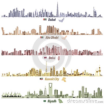 Illustrations of Dubai, Abu Dhabi, Doha, Riyadh and Kuwait city skylines Vector Illustration