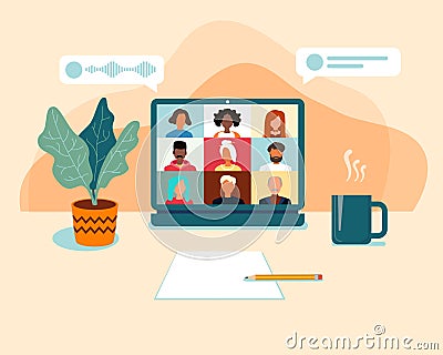 Illustrations flat design concept video conference. online meeting, colleagues talk to each other on the laptop screen Vector Illustration