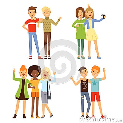 Illustrations of friendship. Different male and female friends. Friendly groups Vector Illustration