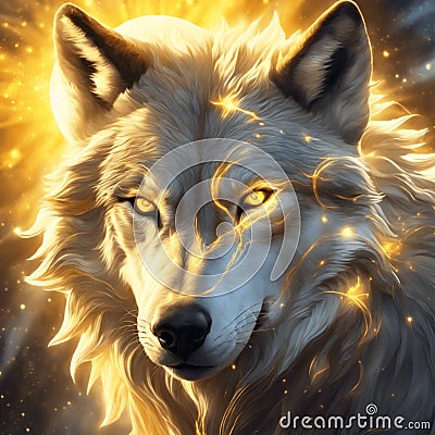 Gold and Silver Fantasy-Art Wolf Cartoon Illustration