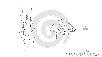 Illustrations of hand holding toothpaste and toothbrush with paste on it, dental hygiene, line realistic graphic, isolated Stock Photo