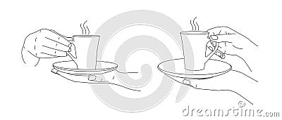 Illustrations of hands holding cup of coffee or mug with tea with hot steam, line set of graphic in two positions, isolated Stock Photo